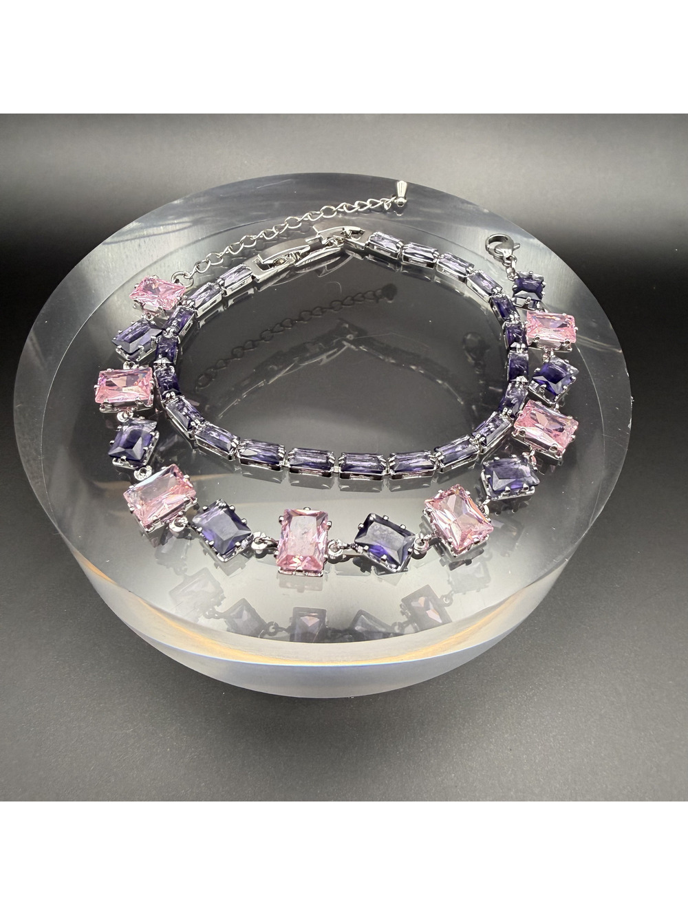 candy+clover amethyst and pink crystal 1white gold plated bracelet stack